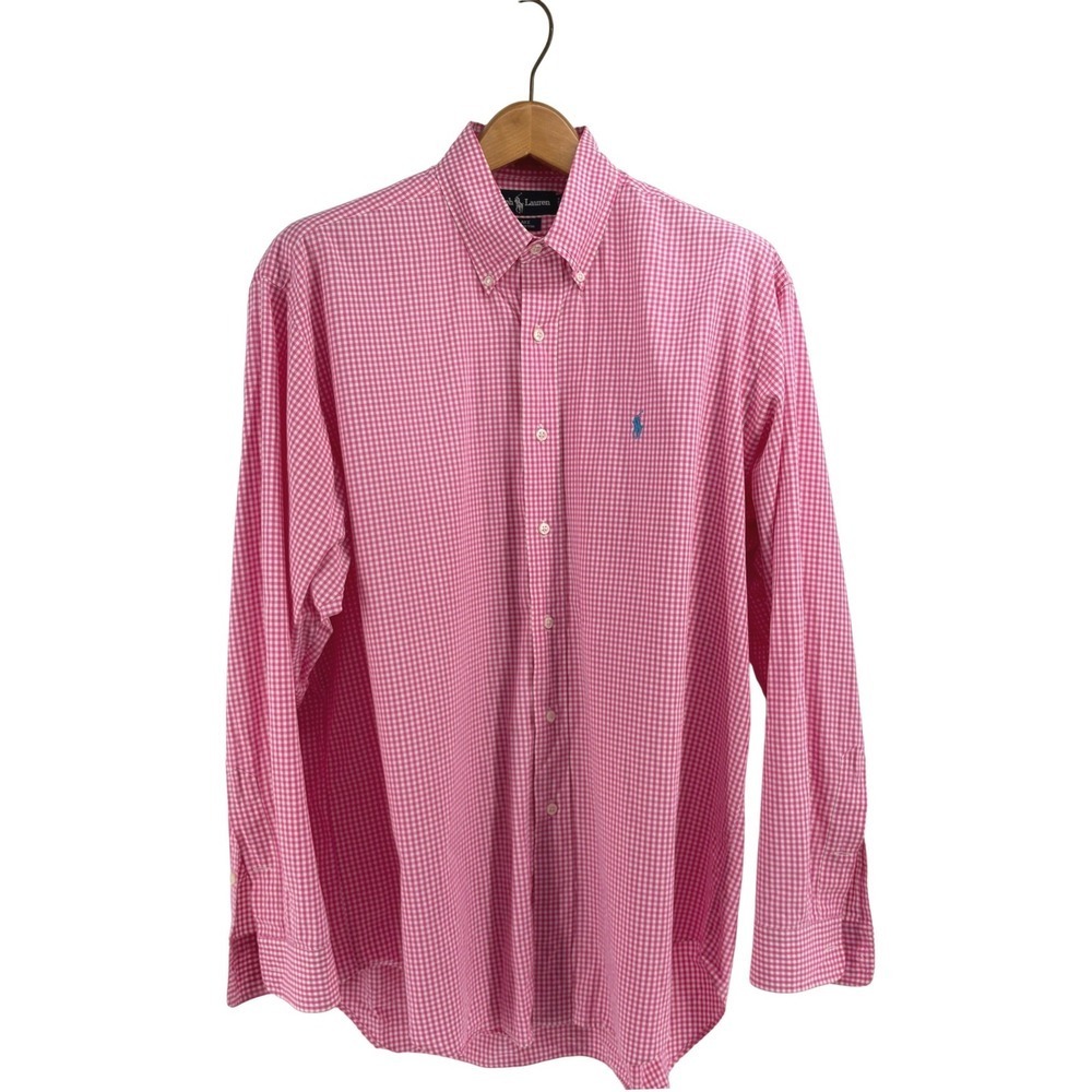 Ralph Lauren Blake Mens Large Pink Gingham Check Cotton Button Down Shirt Logo